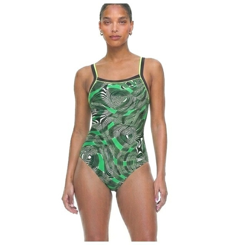 Speedo One Piece Swimsuit Womens 28 Green Black Swirl Training 8191511 PBT